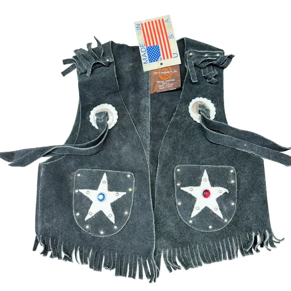 Vintage Deadstock Western Leather Set Craighead Co Kids Small Chaps Vest Cowboy